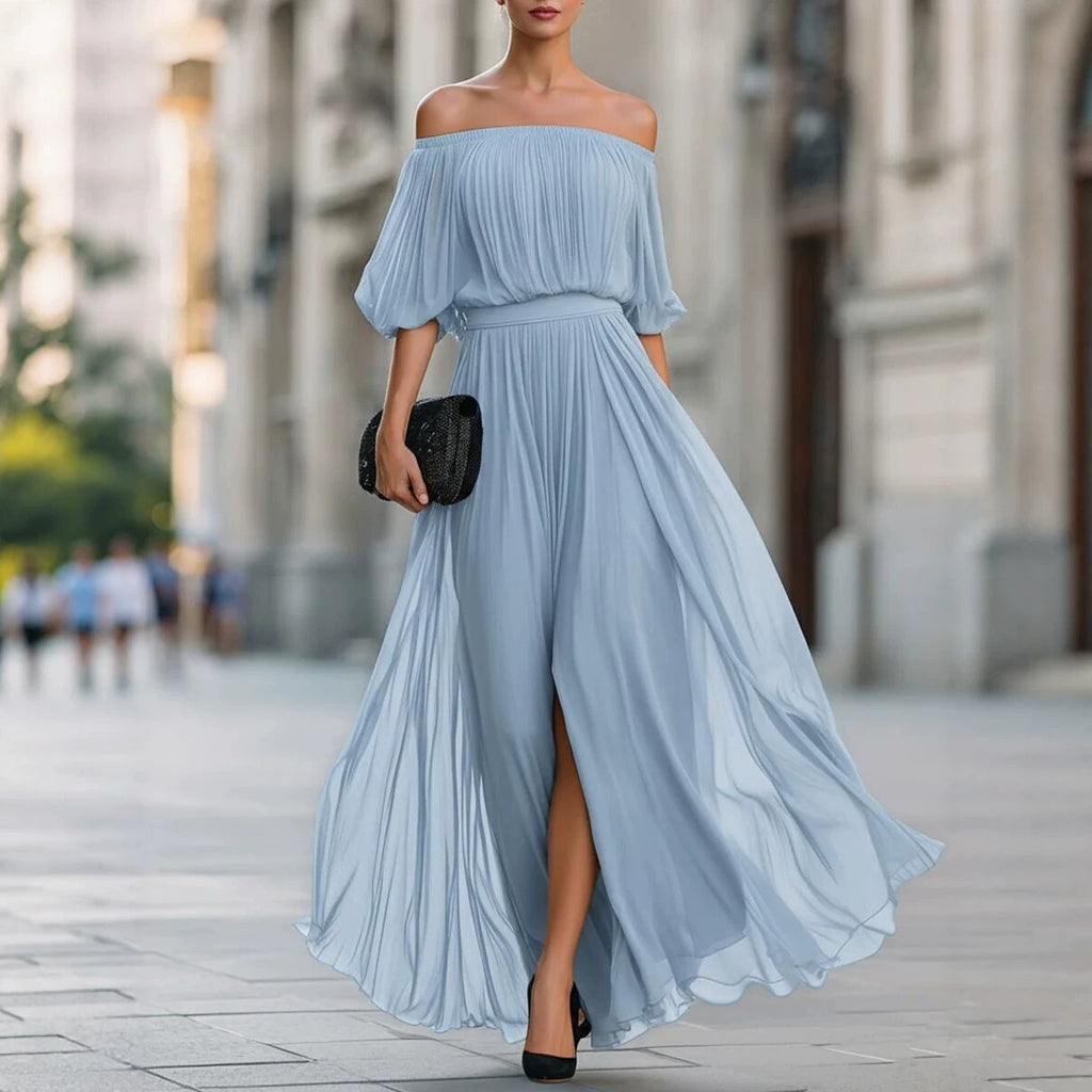 New Black Chiffon Maxi Dress with Split, One-Shoulder Design, Flowing and Draping Skirt