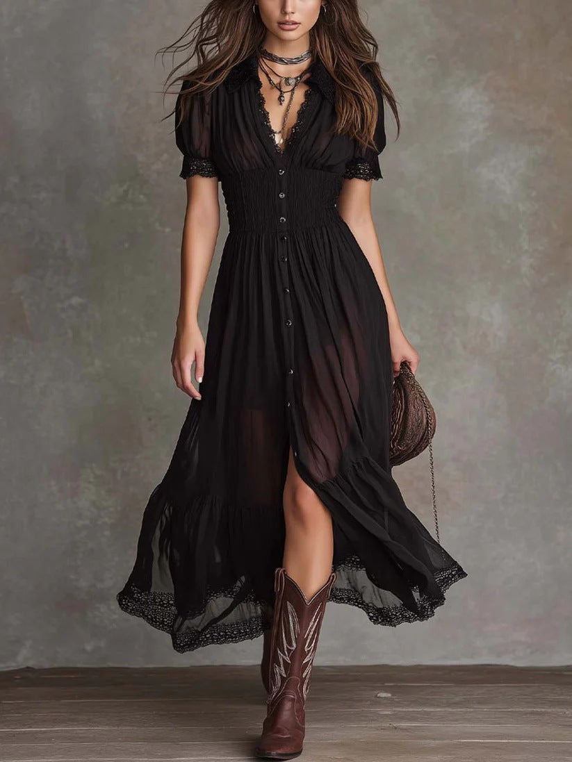 Cropped V-Neck Shirt Dress with Ruffled Hem and Side Slit, Dark Chic Style, Body-Con Fit, Long Skirt