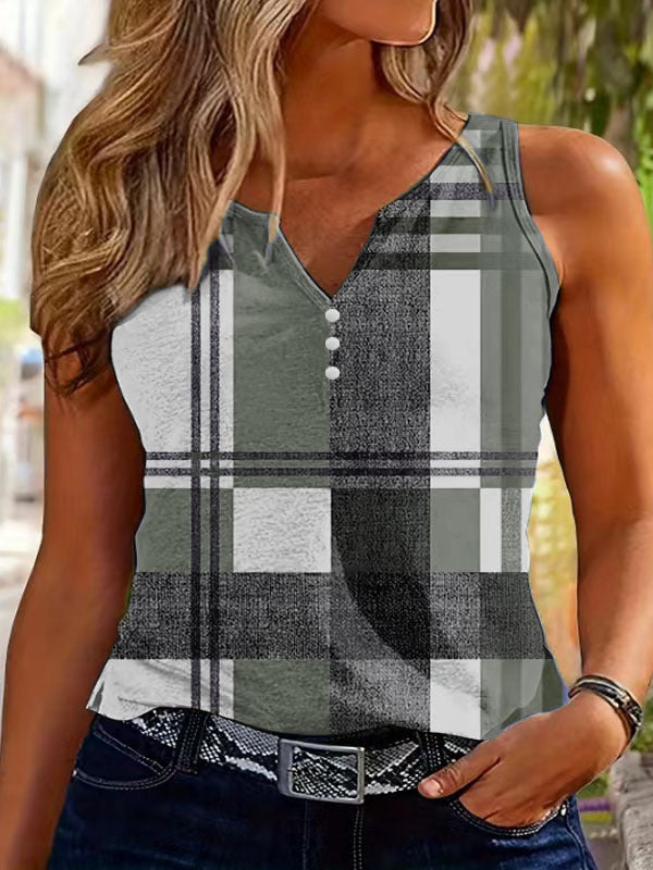 Summer New Casual Fashion Printed Color blocked Checkered Tank Top