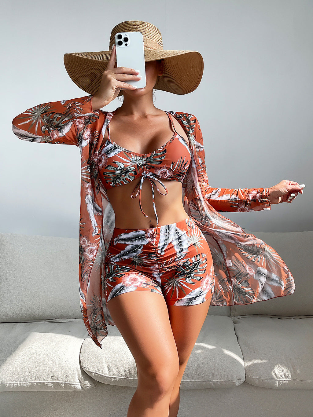 Fashionable Sexy Mesh Cover-Up with Leg-Length Briefs Three-Piece Swimwear Set for Women