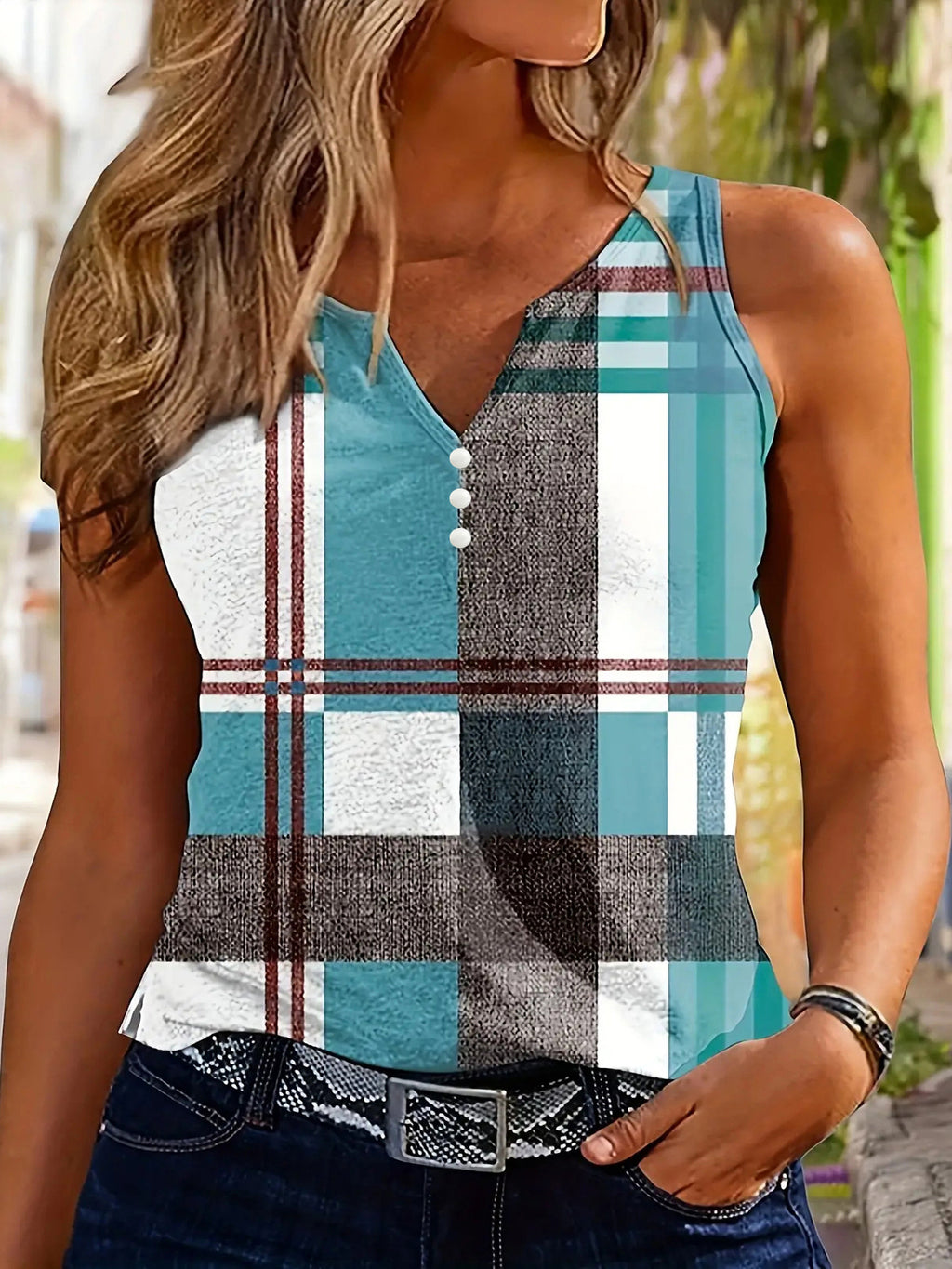 Summer New Casual Fashion Printed Color blocked Checkered Tank Top
