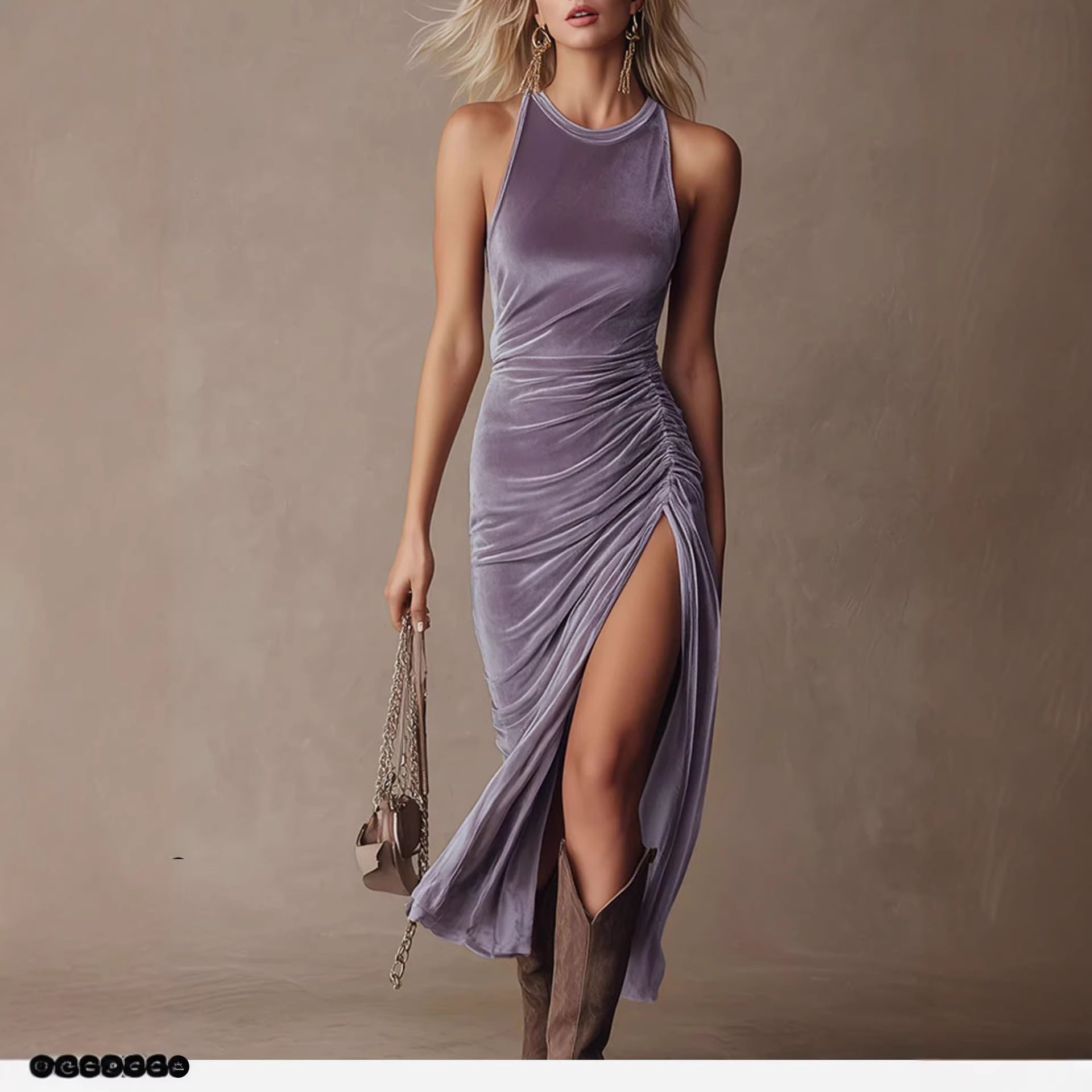 Lavender Velvet Halter Neck Dress with Side Pleats, High Slit, Fitted Slimming Bodycon Maxi Skirt