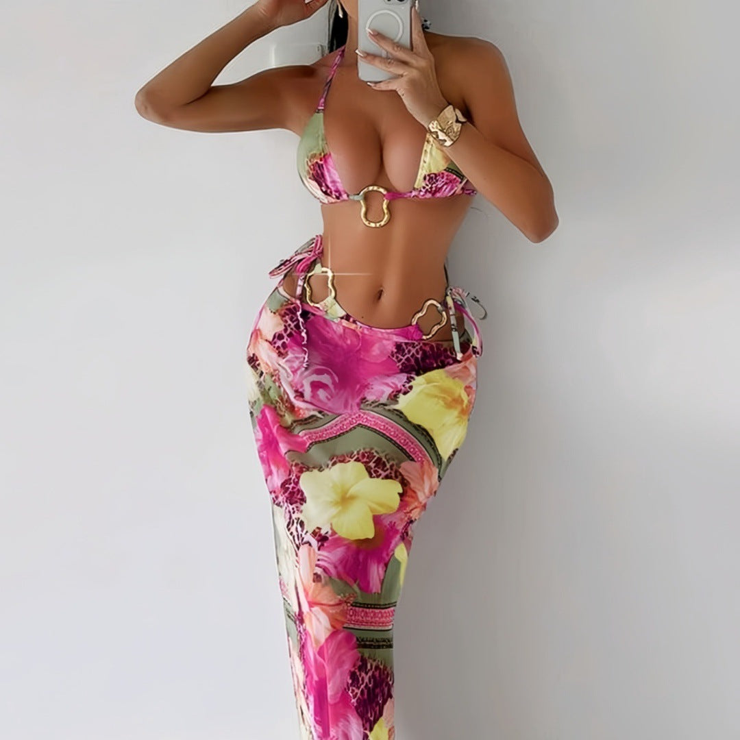 Three-piece Separated Swimsuit with Print, Tie-up Beach Long Dress Swimwear