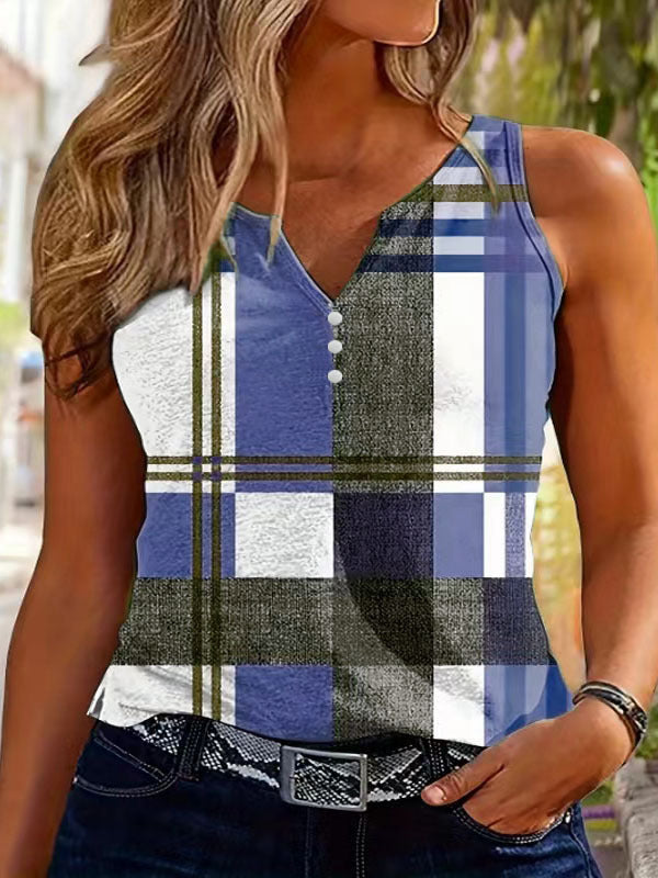 Summer New Casual Fashion Printed Color blocked Checkered Tank Top