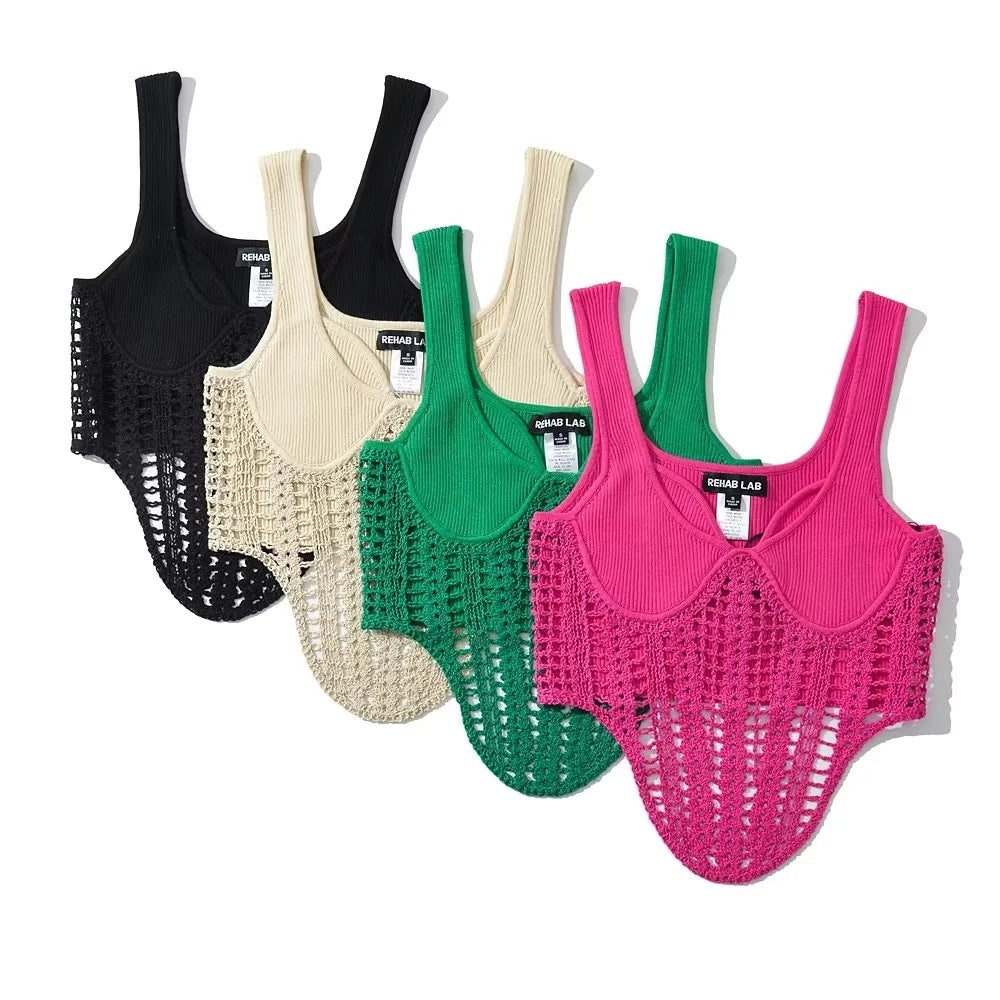Summer New Fashionable Fishbone Waist with Hand Hooked Knitted Strap Top
