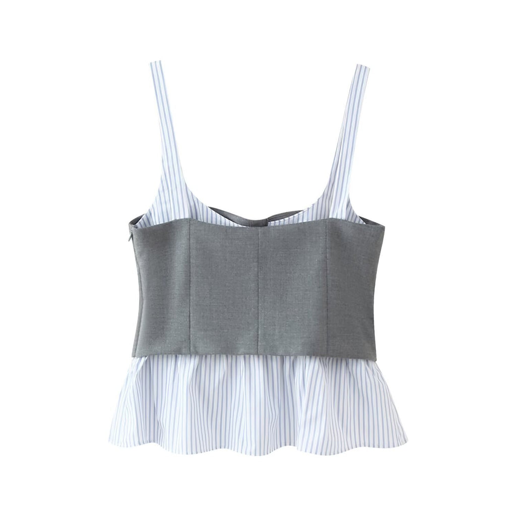 Summer New Poplin Striped Splicing Top+Fine Striped Mini Skirt
