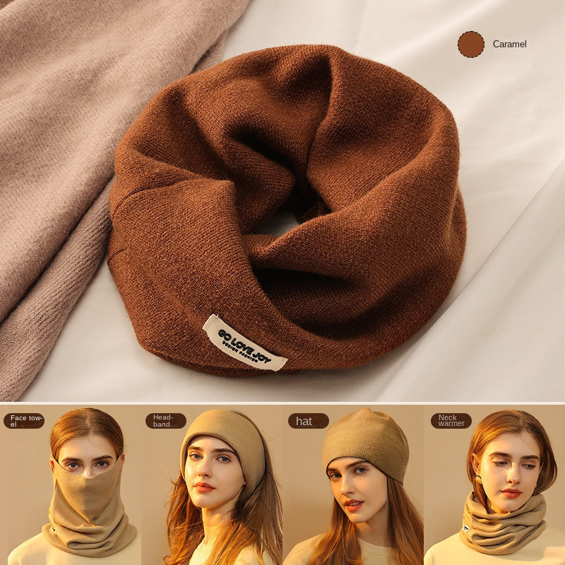 One piece solid color hanging ear women's wool scarf with scarf and hat
