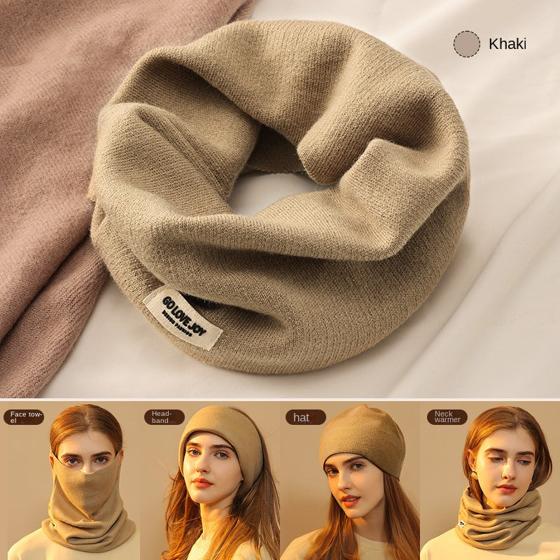 One piece solid color hanging ear women's wool scarf with scarf and hat