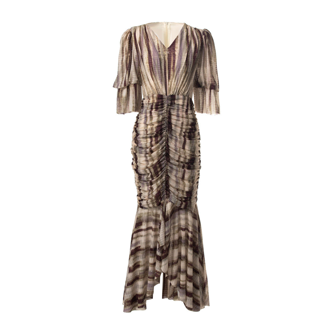 Summer fashion outfit with fashionable printed fish tail and hip bag dress