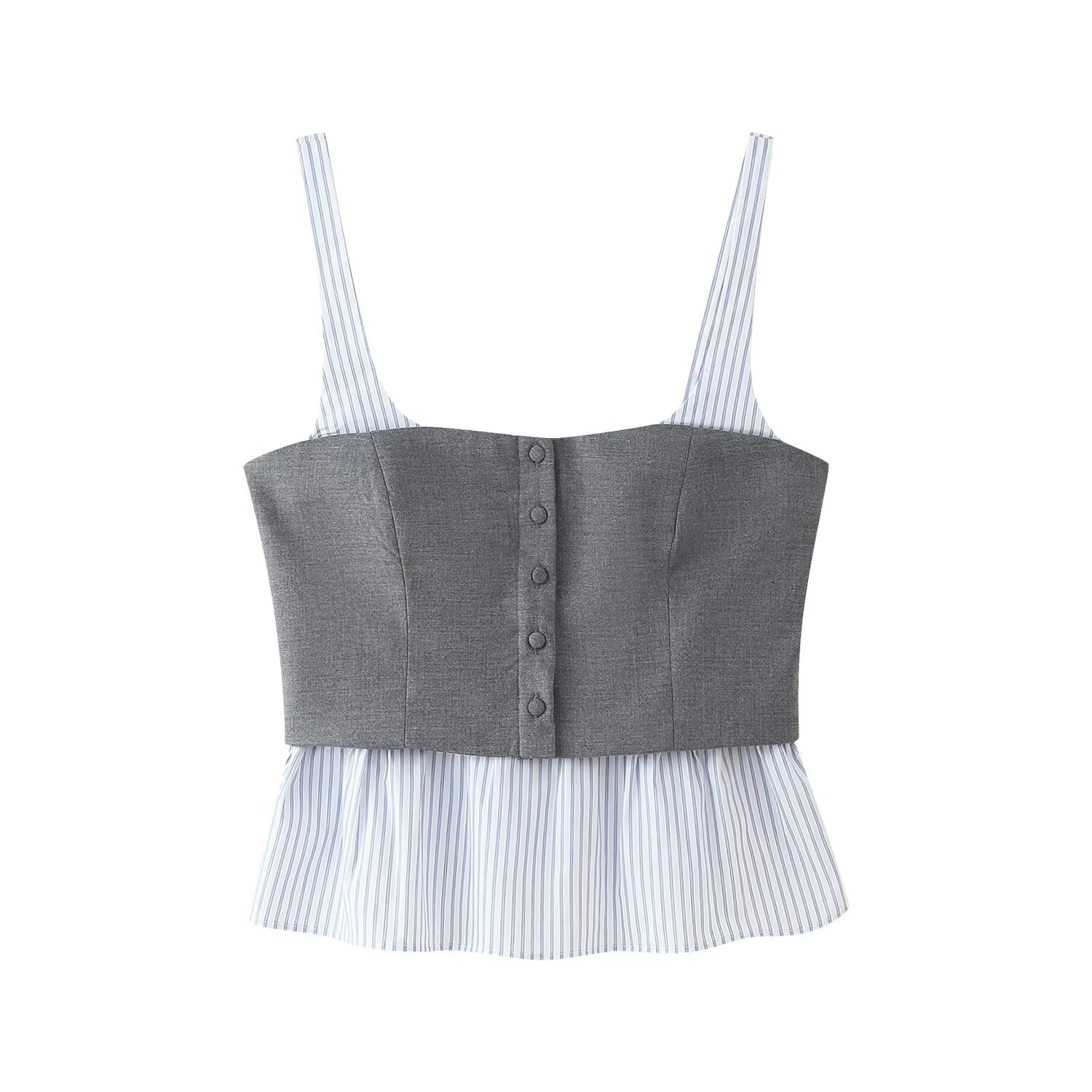 Summer New Poplin Striped Splicing Top+Fine Striped Mini Skirt