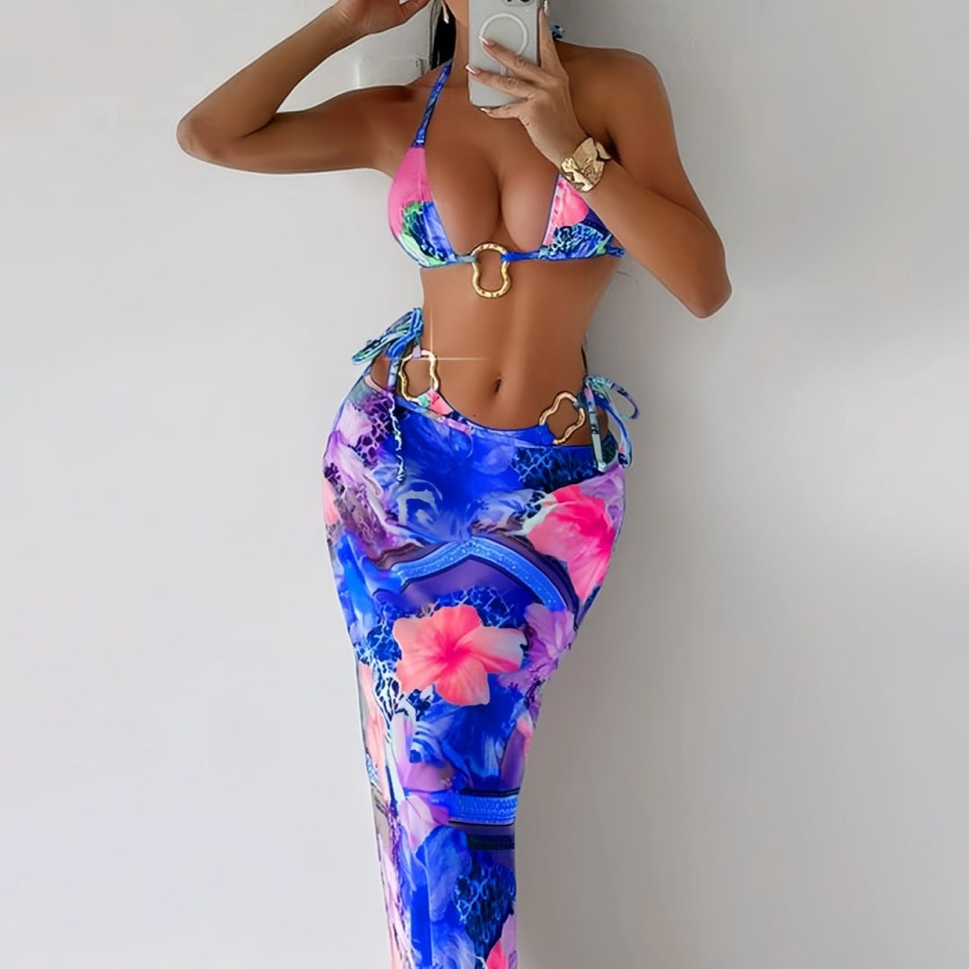 Three-piece Separated Swimsuit with Print, Tie-up Beach Long Dress Swimwear
