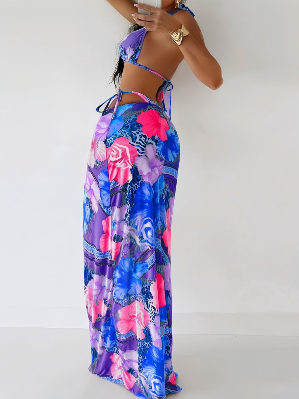 Three-piece Separated Swimsuit with Print, Tie-up Beach Long Dress Swimwear