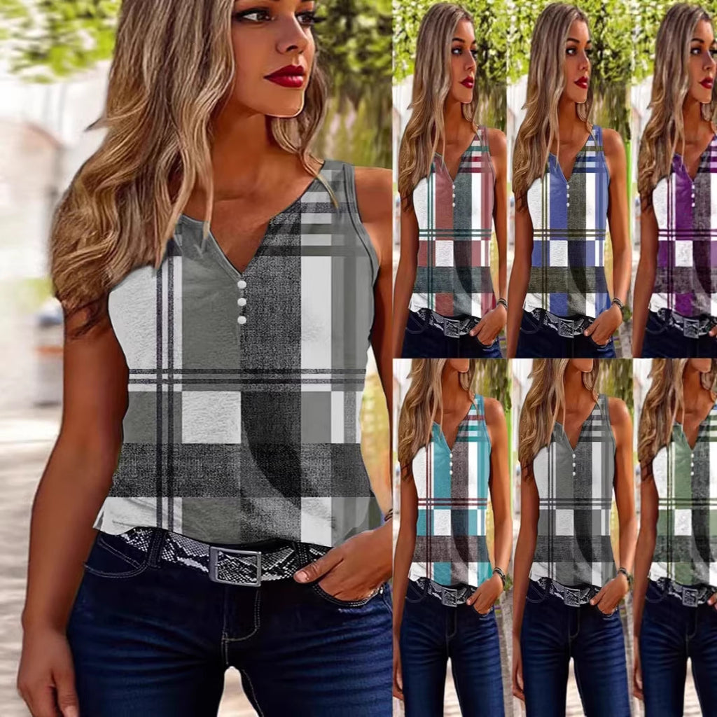 Summer New Casual Fashion Printed Color blocked Checkered Tank Top