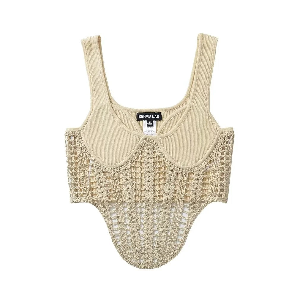 Summer New Fashionable Fishbone Waist with Hand Hooked Knitted Strap Top