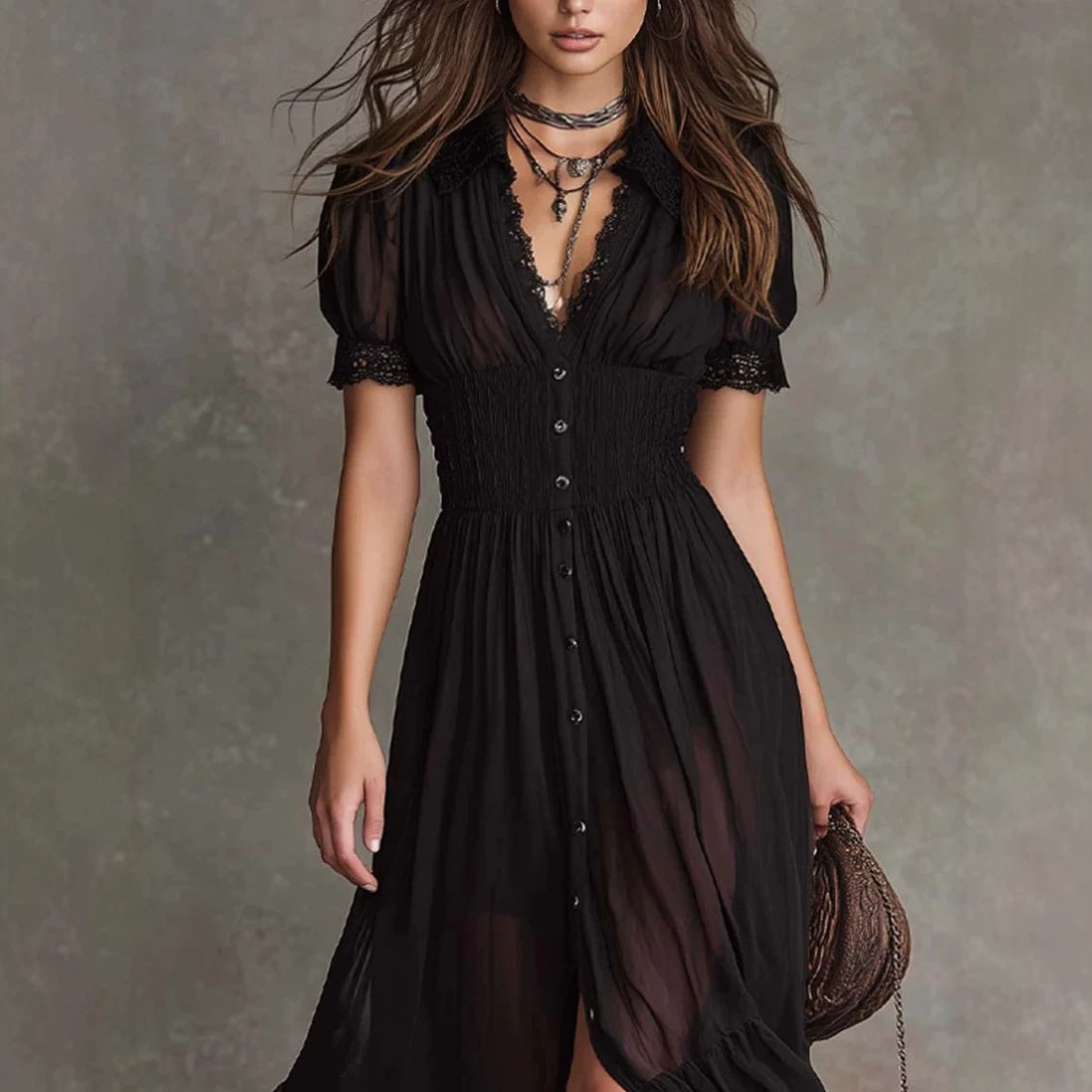 Cropped V-Neck Shirt Dress with Ruffled Hem and Side Slit, Dark Chic Style, Body-Con Fit, Long Skirt