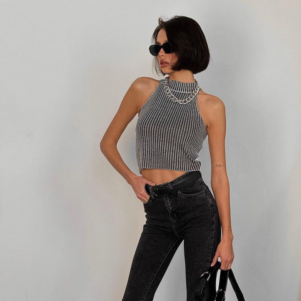 High Neck Sleeveless Crop Top  Spring Summer Casual