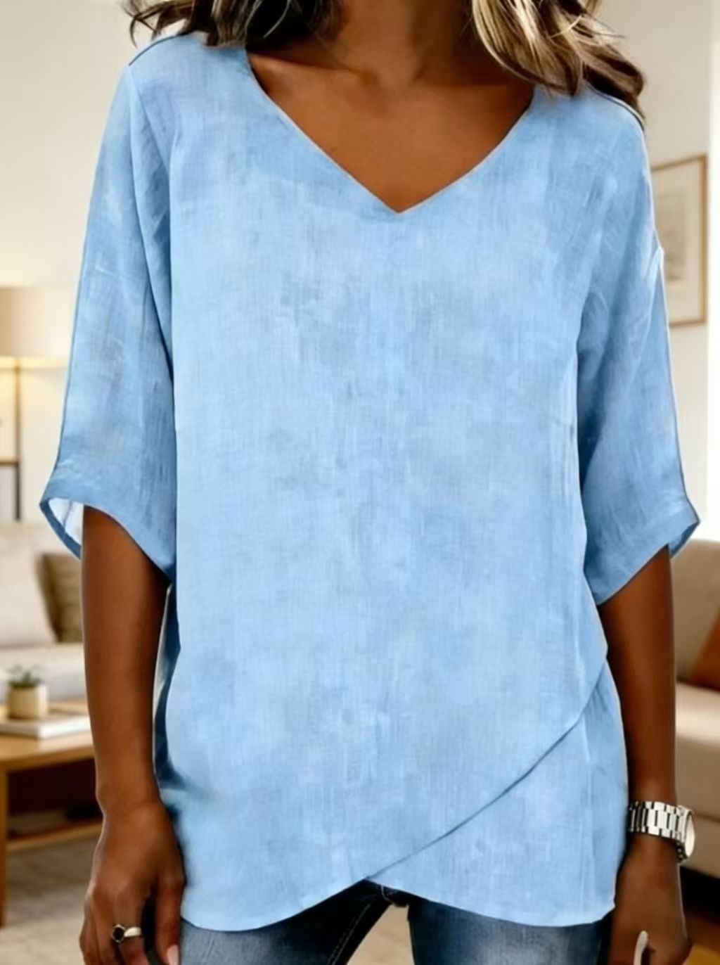 Women's Summer Linen V-Neck Irregular Sleeve Casual Loose Top