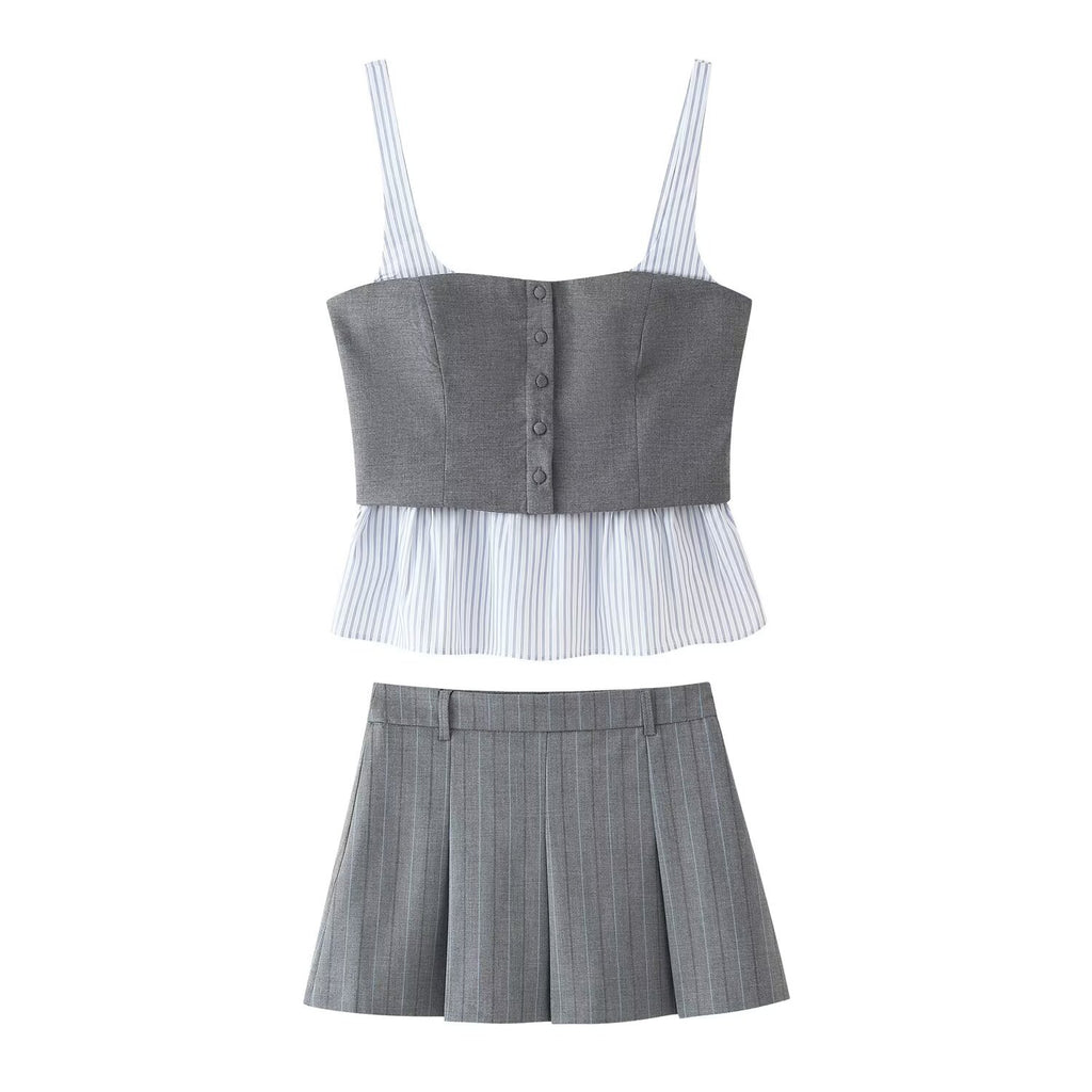 Summer New Poplin Striped Splicing Top+Fine Striped Mini Skirt