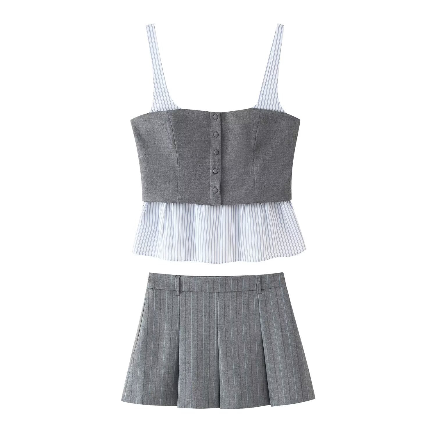 Summer New Poplin Striped Splicing Top+Fine Striped Mini Skirt