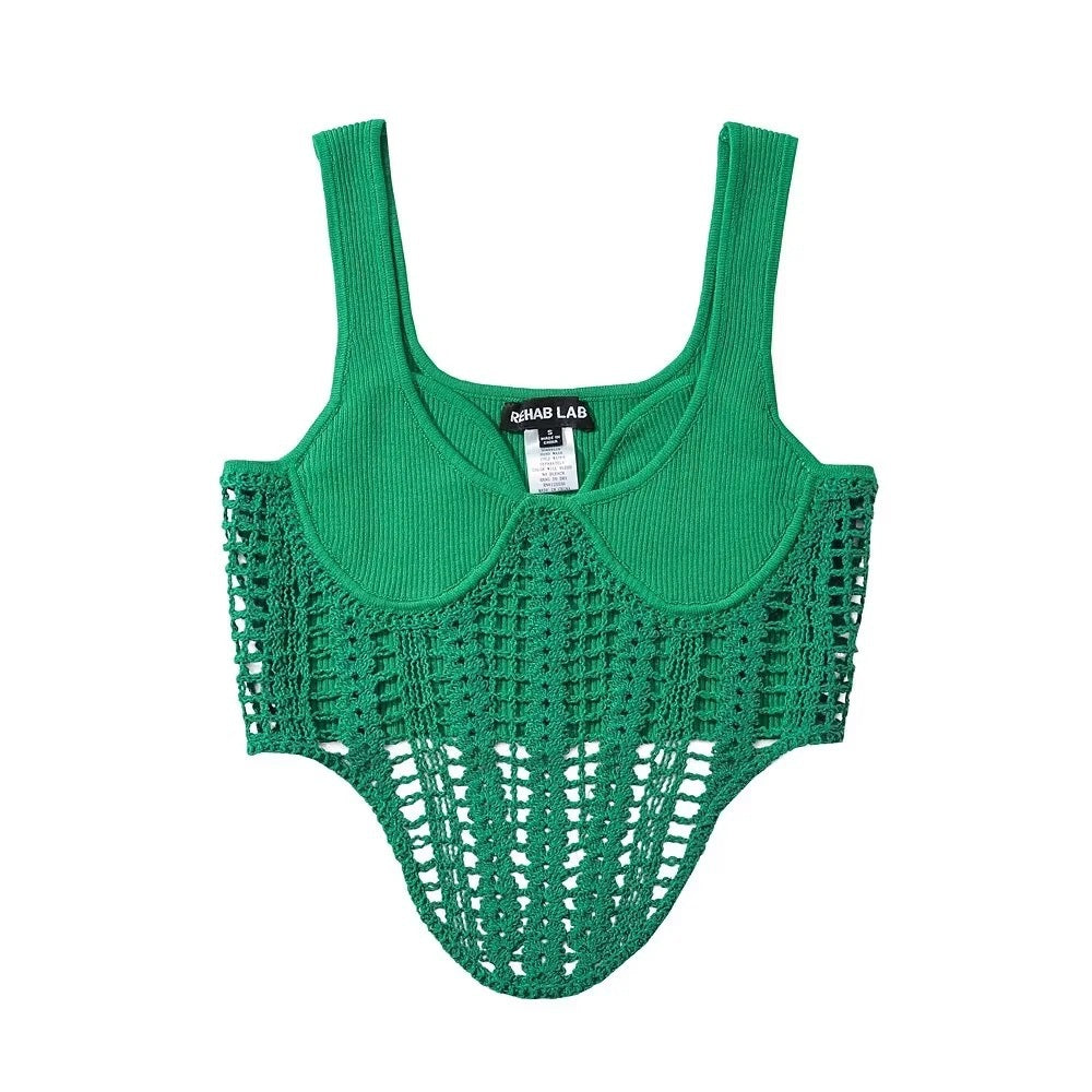 Summer New Fashionable Fishbone Waist with Hand Hooked Knitted Strap Top
