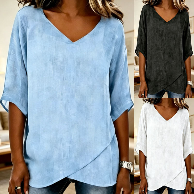 Women's Summer Linen V-Neck Irregular Sleeve Casual Loose Top